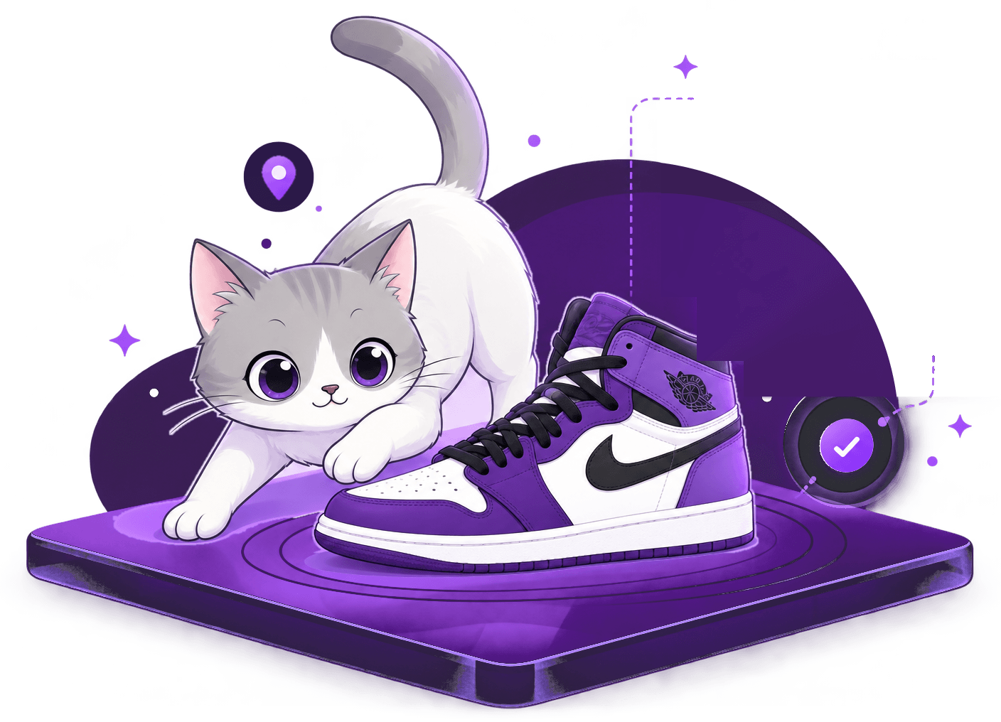 Cat beside a purple Air Jordan sneaker on a glowing platform