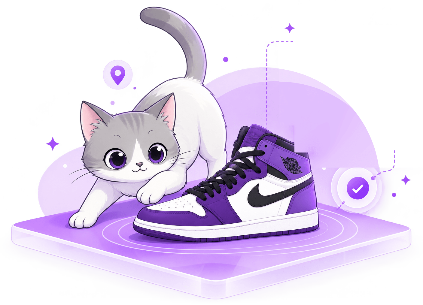 Cat beside a purple Air Jordan sneaker on a glowing platform